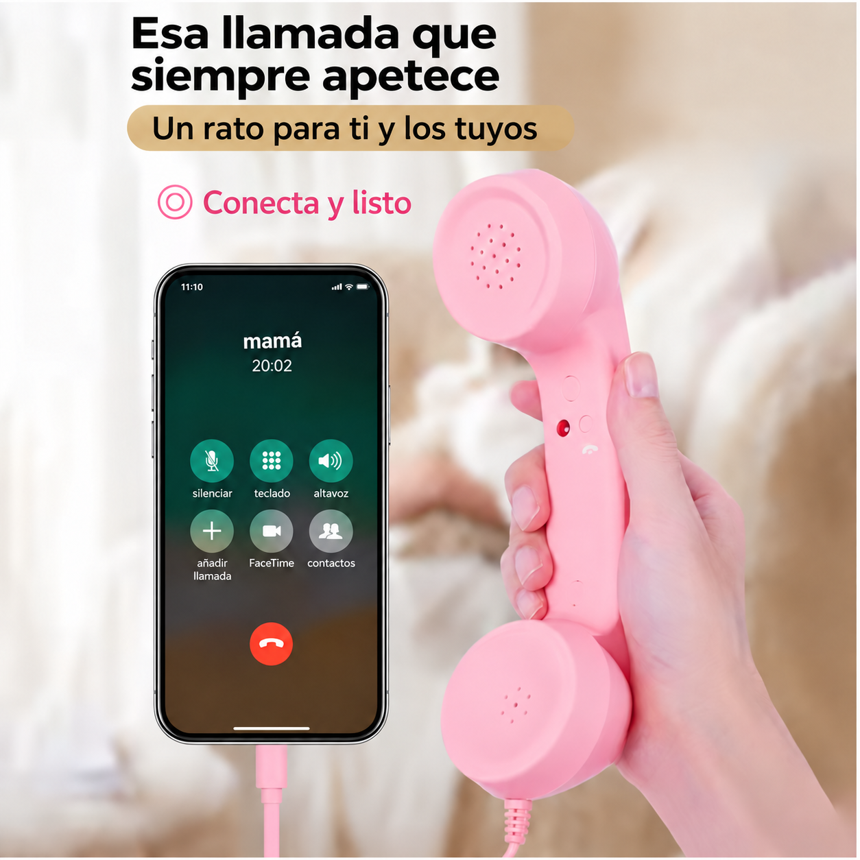 Esa llamada que siempre apetece: auricular rosa conectado al móvil